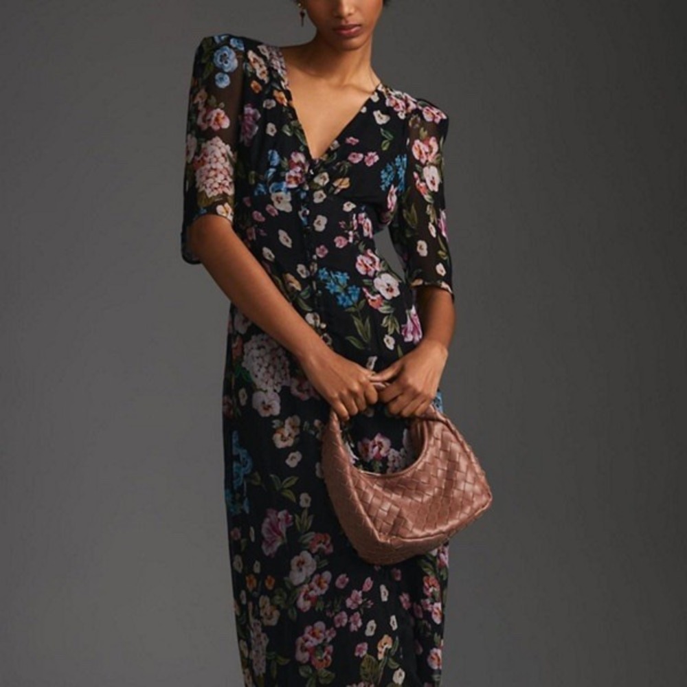 Maeve Black Cottagecore Floral Midi Dress Sheer Sleeve Romantic Flowy Size Small
